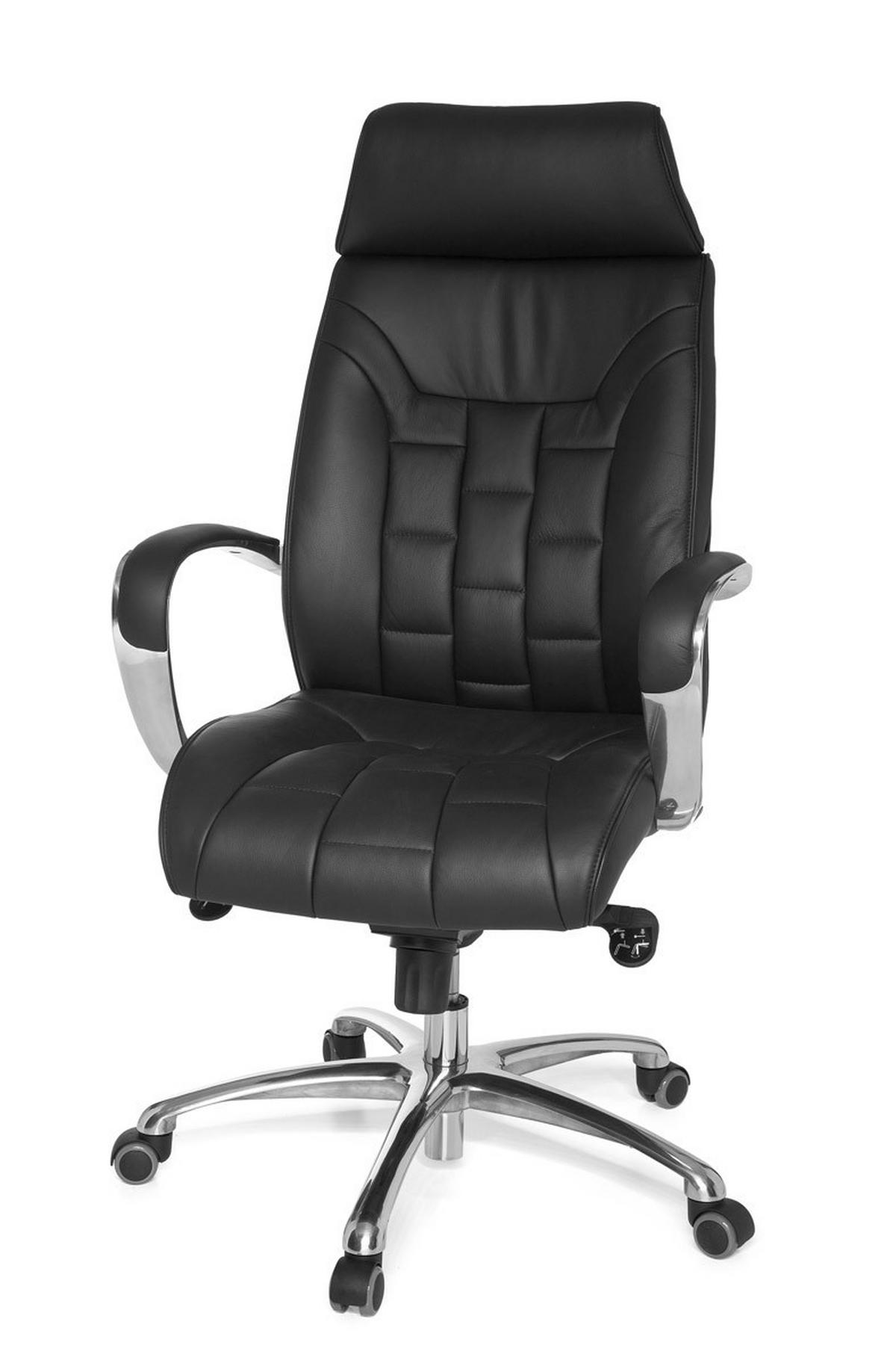 CHEFSESSEL Echtleder mit Multiblockmechanik und Lendenstütze Belastbar bis 120 kg - Silberfarben/Schwarz, Leder (66/128/62cm) - KADIMA DESIGN