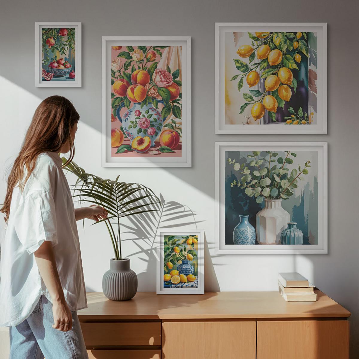 BILDER SET 5er Set - 50x50 cm & 20x30 cm & 40x60 cm Weißer Rahmen - Amalfi-Zitronen und -Orangen - Weiß, Kunststoff (40/60cm) - TULUP