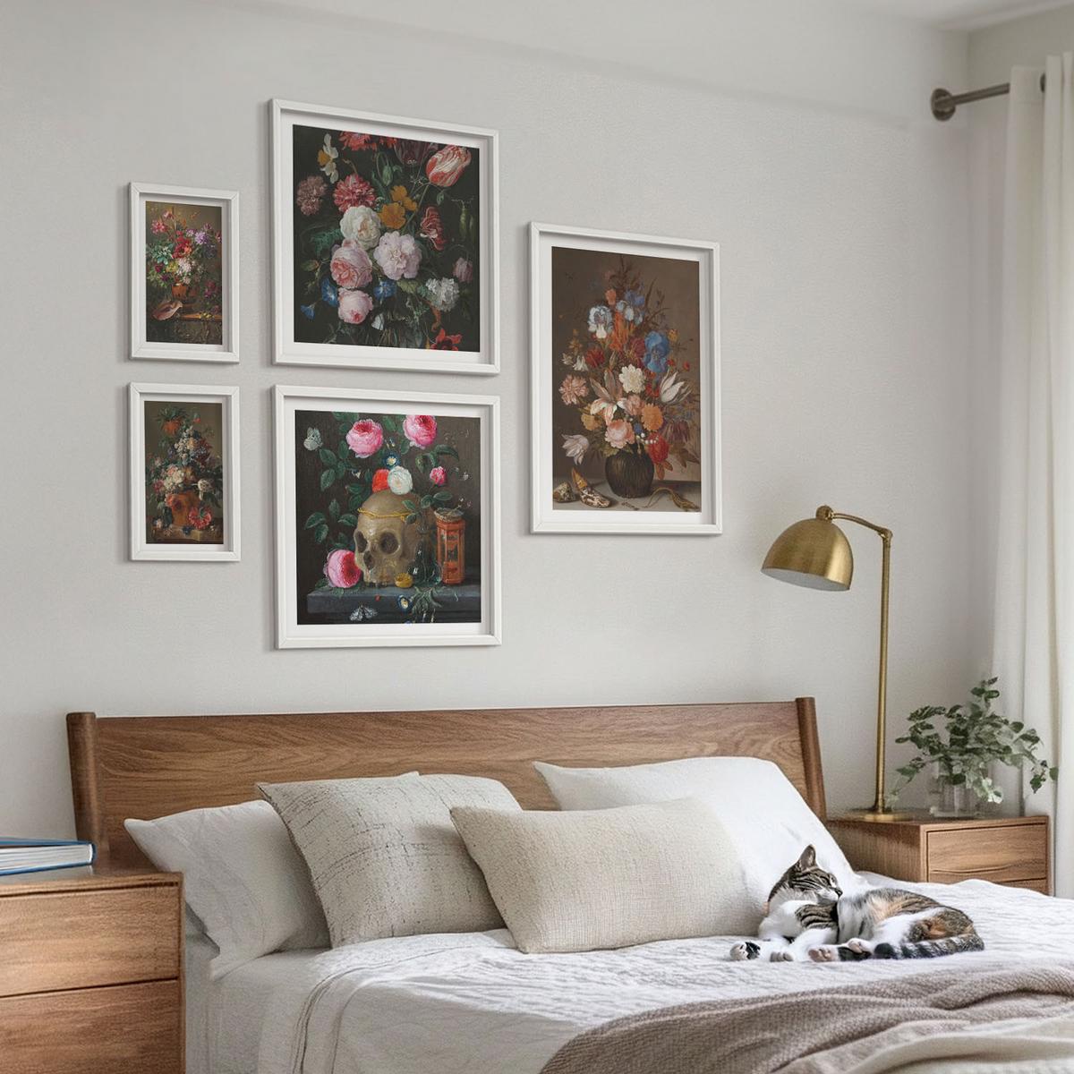 BILDER SET 5er Set - 50x50 cm & 20x30 cm & 40x60 cm Weißer Rahmen - Pfingstrosenporträt einer Frau für Zuhause - Weiß, Kunststoff (40/60cm) - TULUP