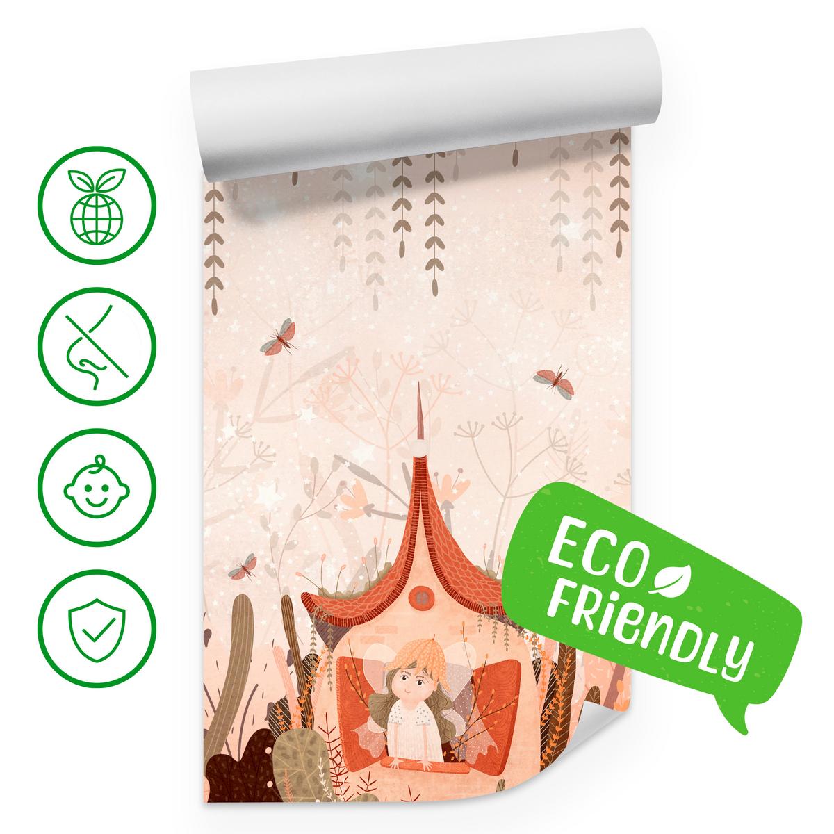FOTOTAPETE für Kinderzimmer Feen Aquarell Wald Blumen Blätter Boho 250x175 - Beige/Orange, Papier (250/175cm) - Muralo