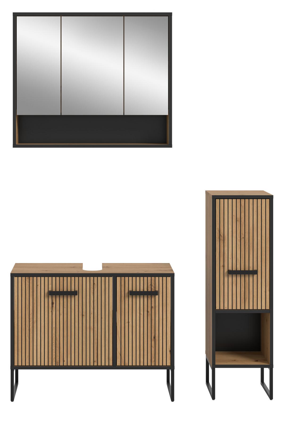 BADMÖBEL-SET 3-teilig Eiche Artisan, schwarz 125 cm, Badkombination mit Soft-Close - Schwarz/Eiche Artisan, Glas/Holzwerkstoff (125/192/36cm) - Inn.Furn