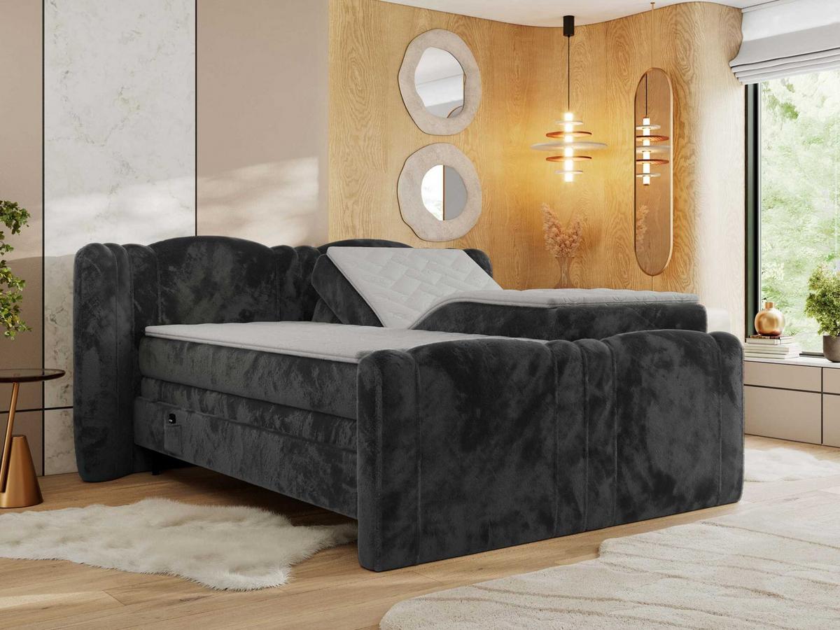 BOXBETT FORTINA 160/200 - Dunkelgrau Plüsch - H3 - Dunkelgrau, Holz/Textil (160/200cm) - MKS