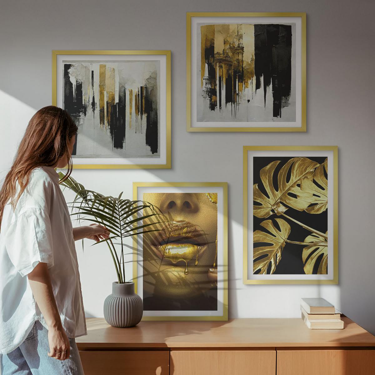 BILDER SET 4er Set - 50x50 cm & 40x60 cm Goldrahmen - Abstrakte Blattmalerei - Goldfarben, Kunststoff (50/50cm) - TULUP