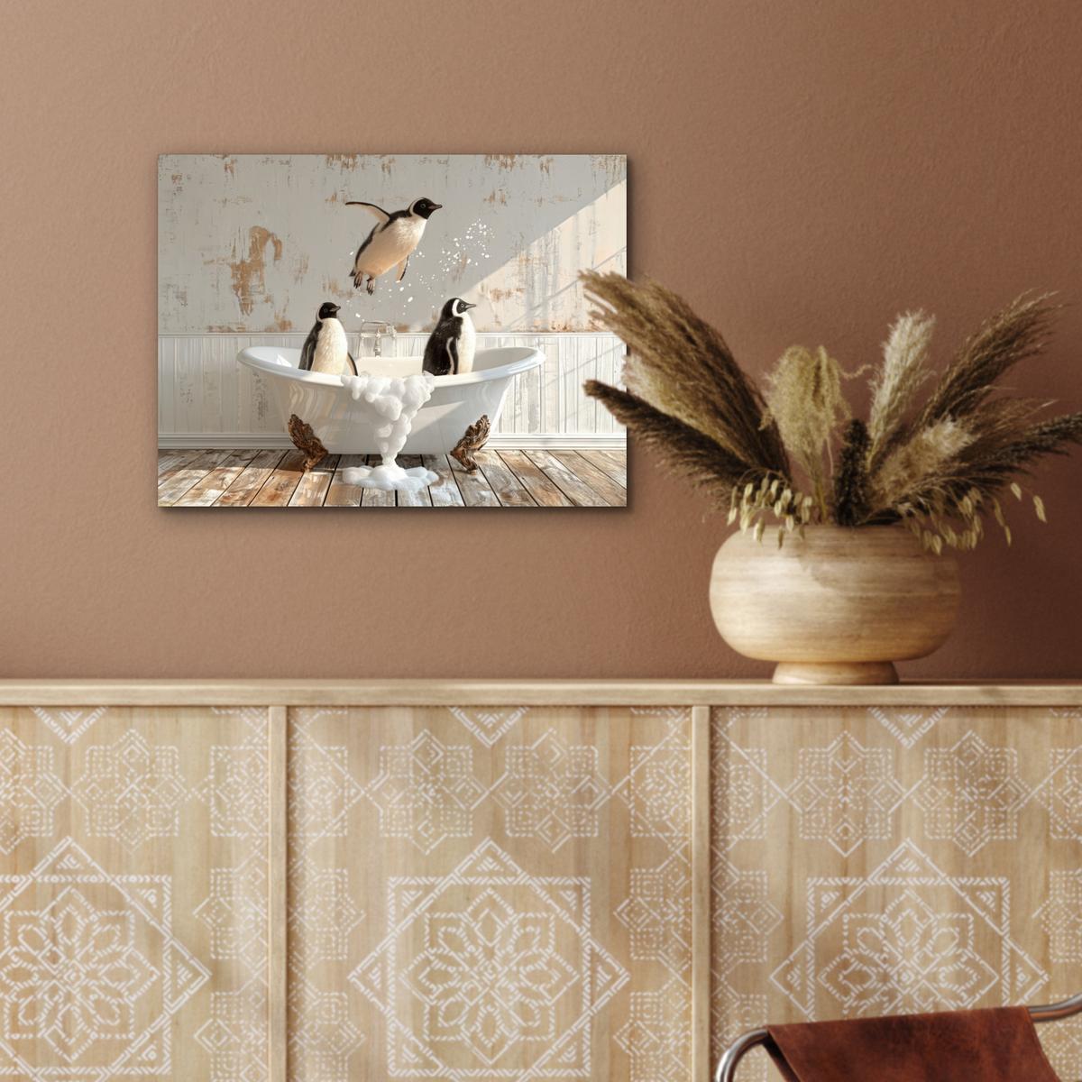 METALLBILD Vintage - Pinguin - Badewanne - Schaumstoff 40x30 cm - Schwarz, Metall (40/30cm) - MuchoWow