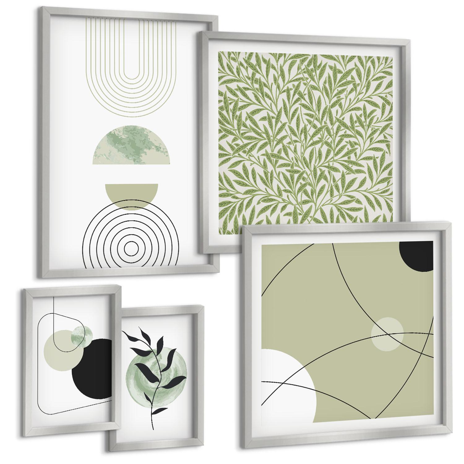 BILDER SET 5er Set - 50x50 cm & 20x30 cm & 40x60 cm Silberner Rahmen - Abstrakte Pflanzenmotive - Silberfarben, Kunststoff (40/60cm) - TULUP