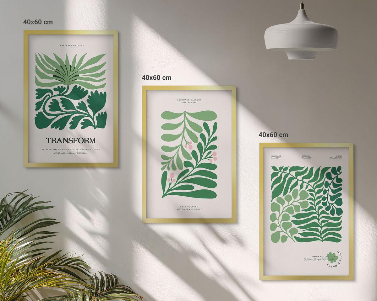 BILDER SET 3er Set - 40x60 cm Goldrahmen - Formen grüner Blätter - Goldfarben, Kunststoff (40/60cm) - TULUP