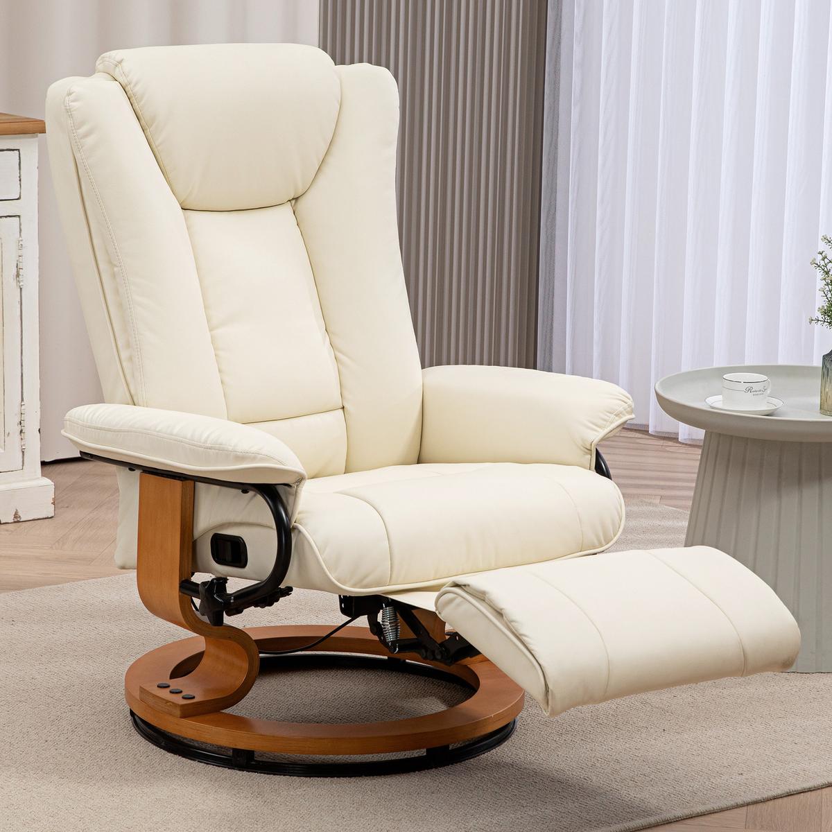 RELAXSESSEL Drehbar Fernsehsessel mit Liegefunktion, Fußstütze, Cremeweiß - Creme, Leder/Holzwerkstoff (88/103/78cm) - HOMCOM
