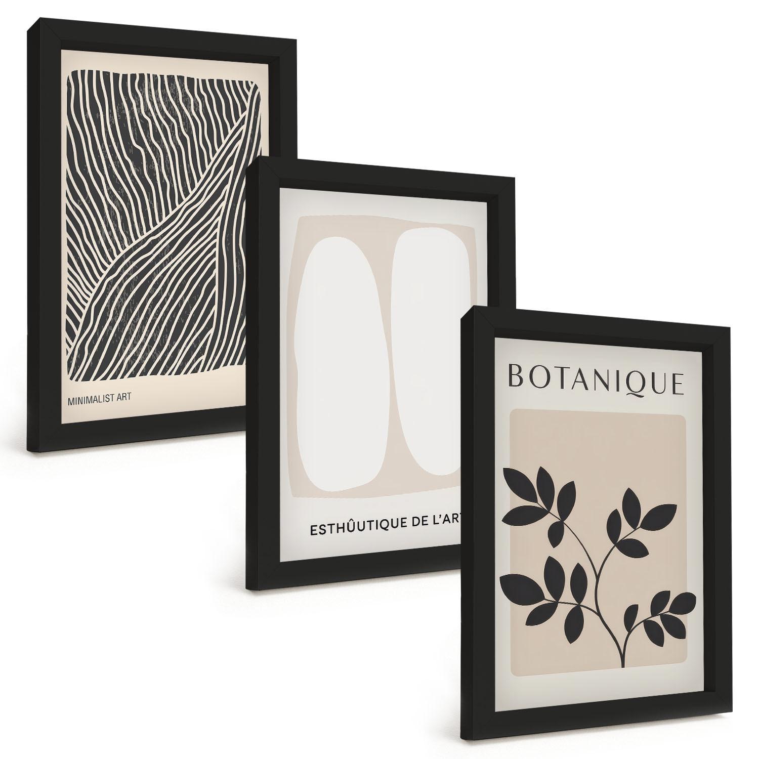 BILDER SET 3er Set - 20x30 cm Schwarzer Rahmen - Pflanzenmuster und Linien - Schwarz, Kunststoff (20/30cm) - TULUP