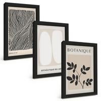 BILDER SET 3er Set - 20x30 cm Schwarzer Rahmen - Pflanzenmuster und Linien - Schwarz, Kunststoff (20/30cm) - TULUP