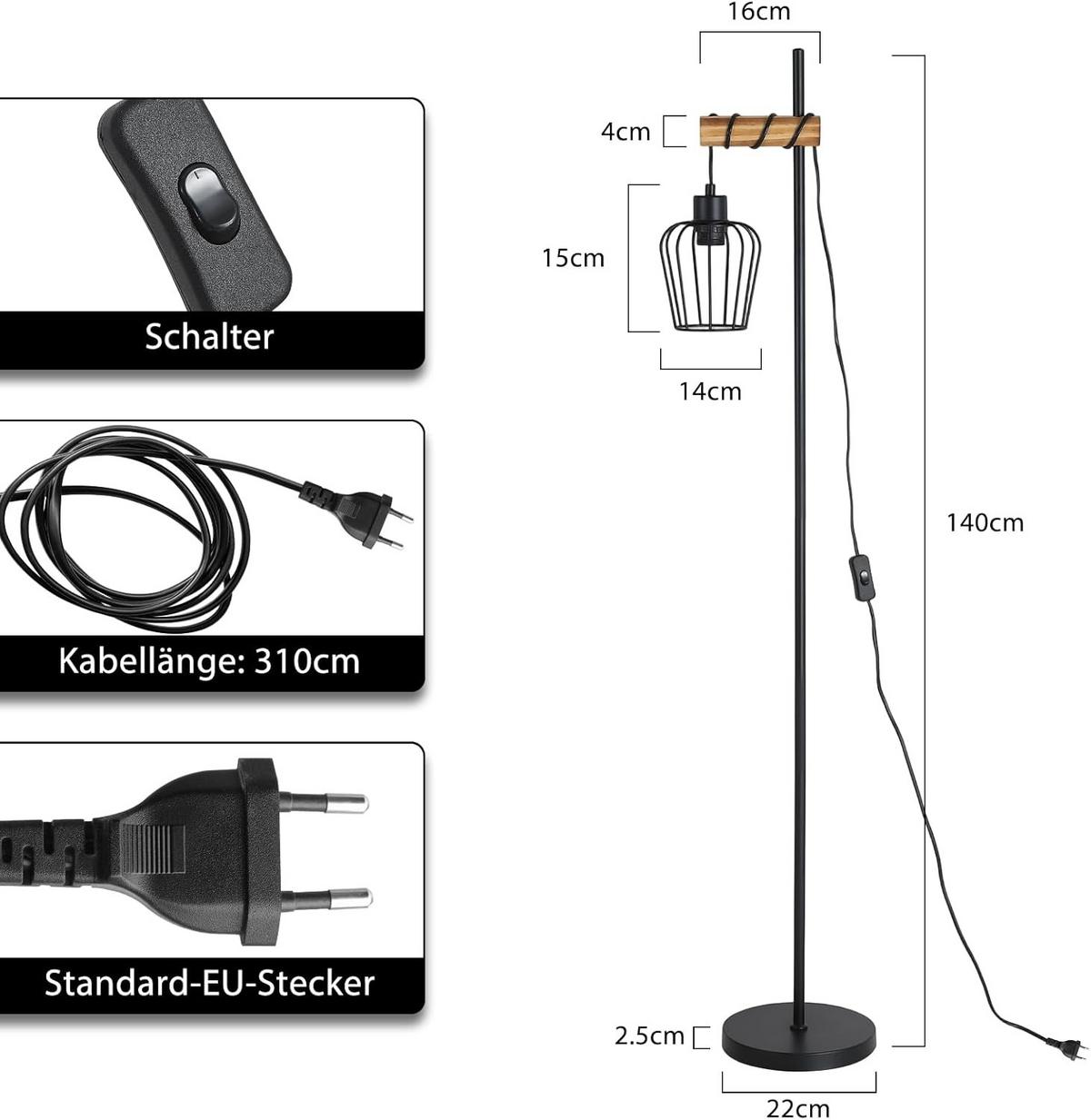 STEHLAMPE Lysandra 22/22/140 cm - Schwarz, Metall (22/22/140cm) - ZMH