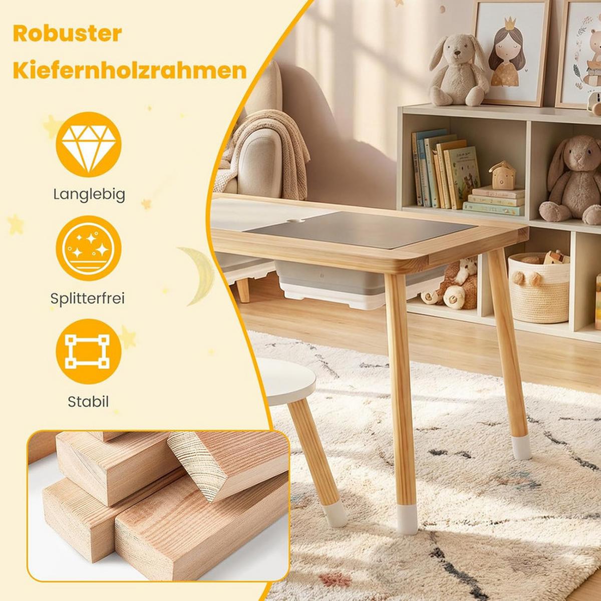 KINDERSPIELTISCH Runder natur(3-tlg) - Naturfarben, Holz (81/50/58cm) - COSTWAY