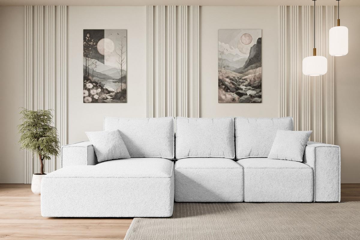 ECKSOFA mit Schlaffunktion und Bettkasten SERRA-L-S - 266x161x87 cm Weiß Bouclé - Schwarz/Weiß, Holzwerkstoff/Kunststoff (266/161cm) - ALTDECOR
