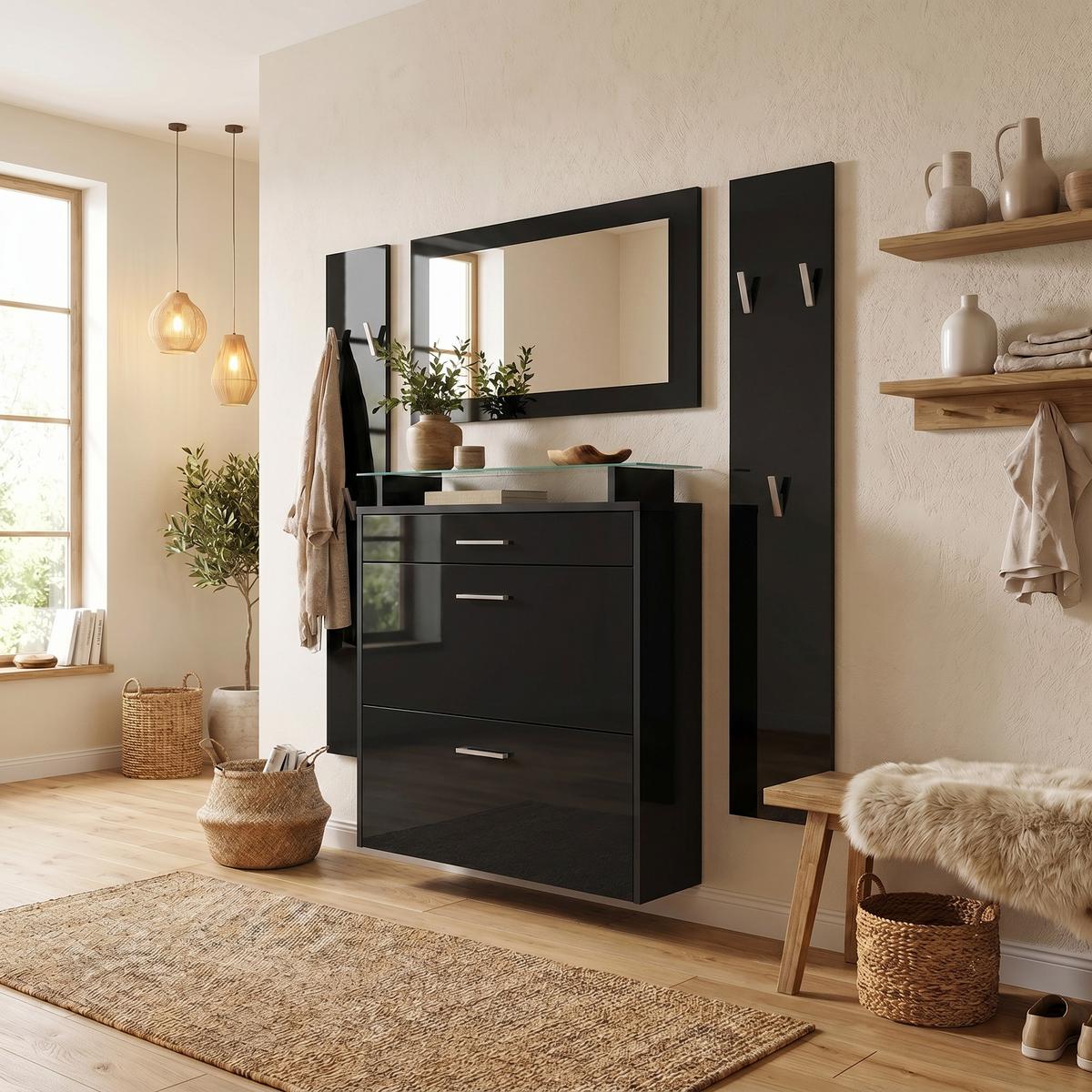 GARDEROBE Malea Front in Schwarz Hochglanz - Schwarz Hochglanz, Holzwerkstoff (180/180/23cm) - Vladon