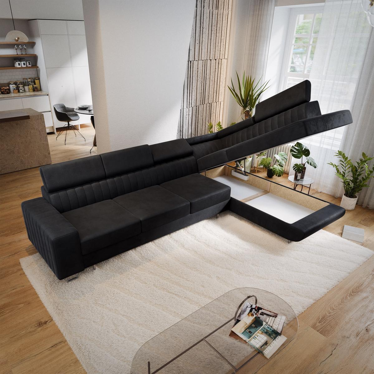 ECKSOFA HESTION Schwarz Velours-Stoff mit Schlaffunktion - Schwarz, Holz (332/190cm) - MASSENO