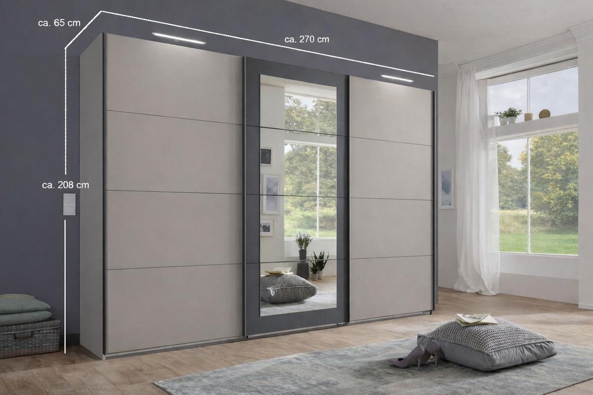 SCHWEBETÜRENSCHRANK 3-türig B270/H210/T65 cm, Spiegeltür, Kleiderschrank in Sandgrau mit Absetzungen in Anthrazit / 22007 - Sandfarben/Anthrazit, Holzwerkstoff/Metall (270/208/65cm) - luma-home