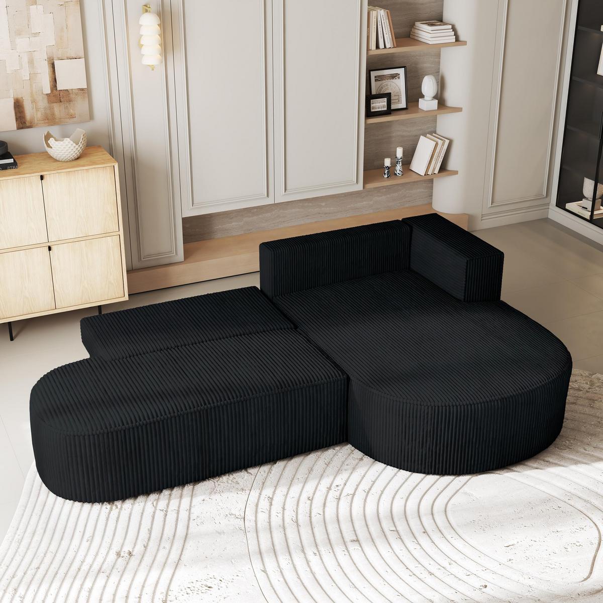 ECKSOFA CORTIO P R-S Schwarz Kordstoff mit Schlaffunktion - Schwarz, Holz (265/174cm) - MASSENO
