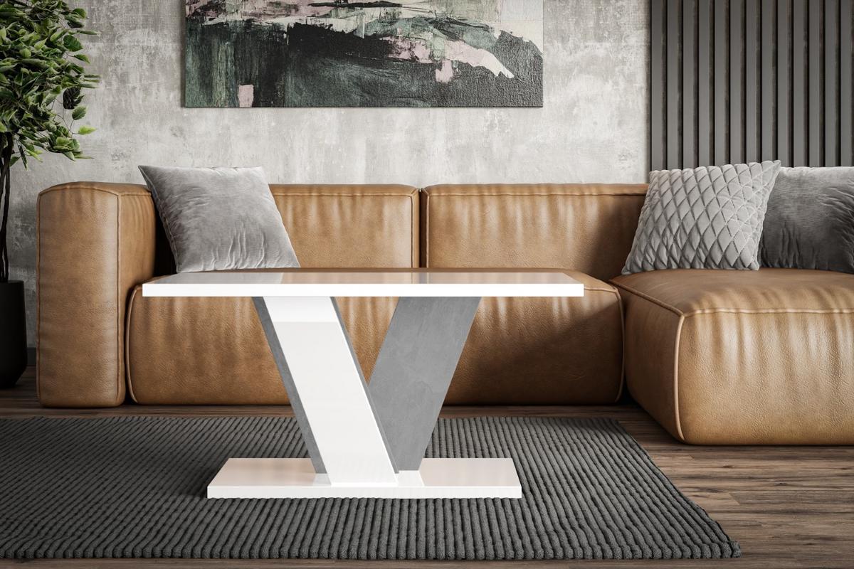 KAFFEETISCH 110x70x60 cm - Hochglanz Weiß / Betonoptik - INEY - Weiß Hochglanz, Holzwerkstoff (110/70/60cm) - ALTDECOR