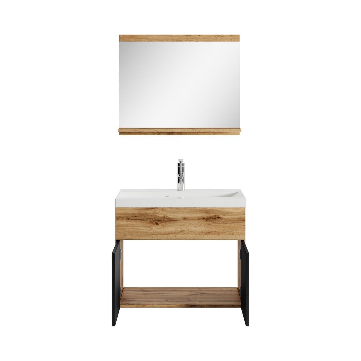 BADMÖBEL-SET Montreal 3 Teile Eiche - Schwarze Waschbecken - 60 x 35 x 51 cm - Eichefarben/Schwarz, Holz (60/51/35cm) - Badplaats