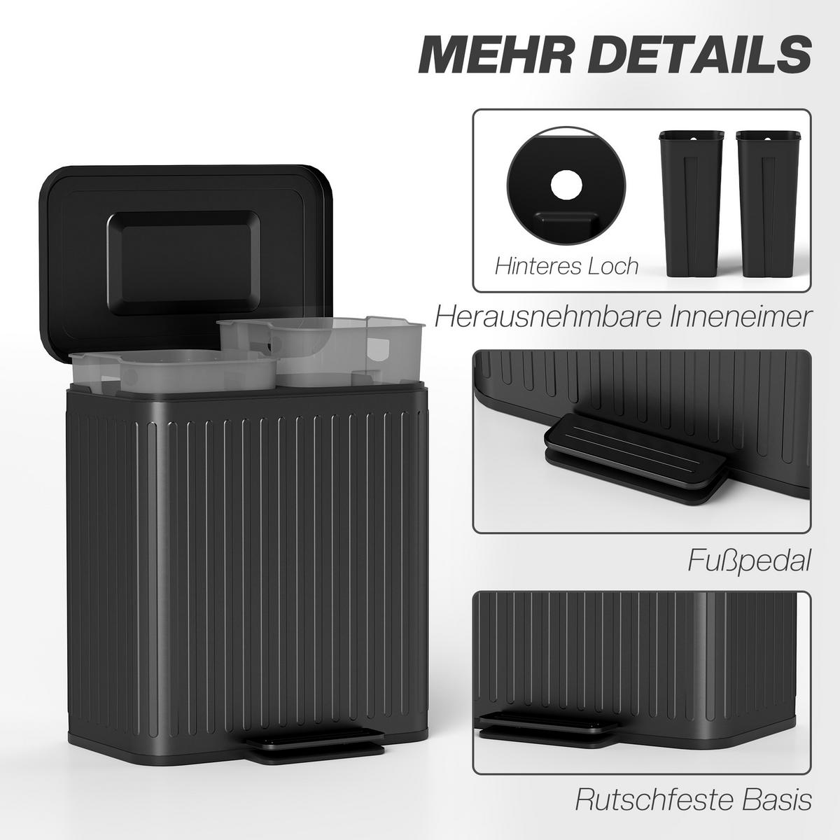 MÜLLEIMER Metall Kunststoff Schwarz - Schwarz, Metall (36.5/51/45.5cm) - HOMCOM