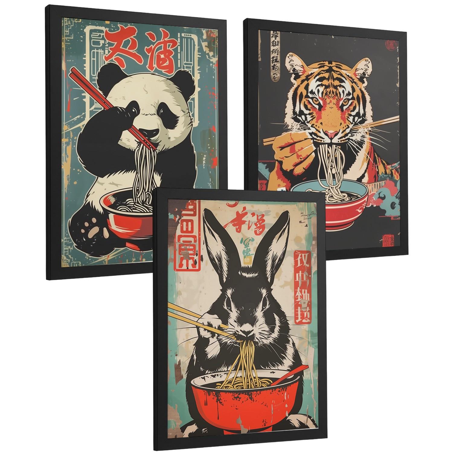 POSTER 3er Set Japanische Ramen Tier-Wandbilder Panda Tiger und Hase Nudeln Vintage Küche Wanddeko Schwarzer Rahmen A3 - Schwarz, Papier (29.7/1/42cm) - Nacnic