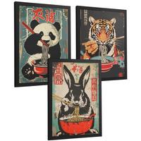 POSTER 3er Set Japanische Ramen Tier-Wandbilder Panda Tiger und Hase Nudeln Vintage Küche Wanddeko Schwarzer Rahmen A3 - Schwarz, Papier (29.7/1/42cm) - Nacnic