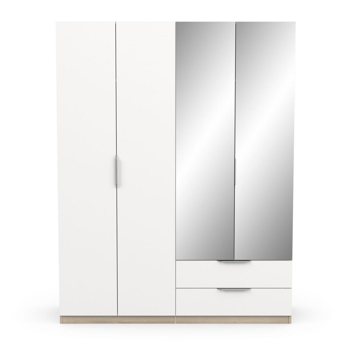 KLEIDERSCHRANK mit 4 Türen, 2 Schubladen und 2 Spiegeln Ghost - L157,3 cm - Weiß/Sonoma Eiche, Holzwerkstoff (51.1/203/204.5cm) - Demeyere