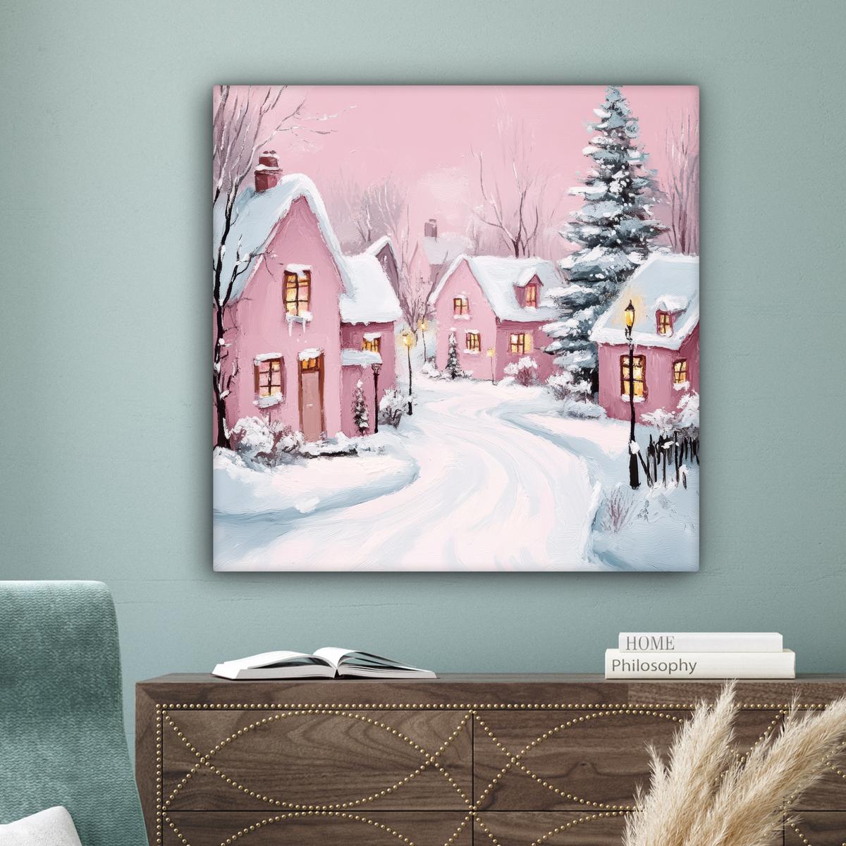 LEINWANDBILD Weihnachtsdorf - Rosa - Winter - Schnee - Häuser Deko Groß 90x90 cm - Altrosa, Textil (90/90cm) - MuchoWow