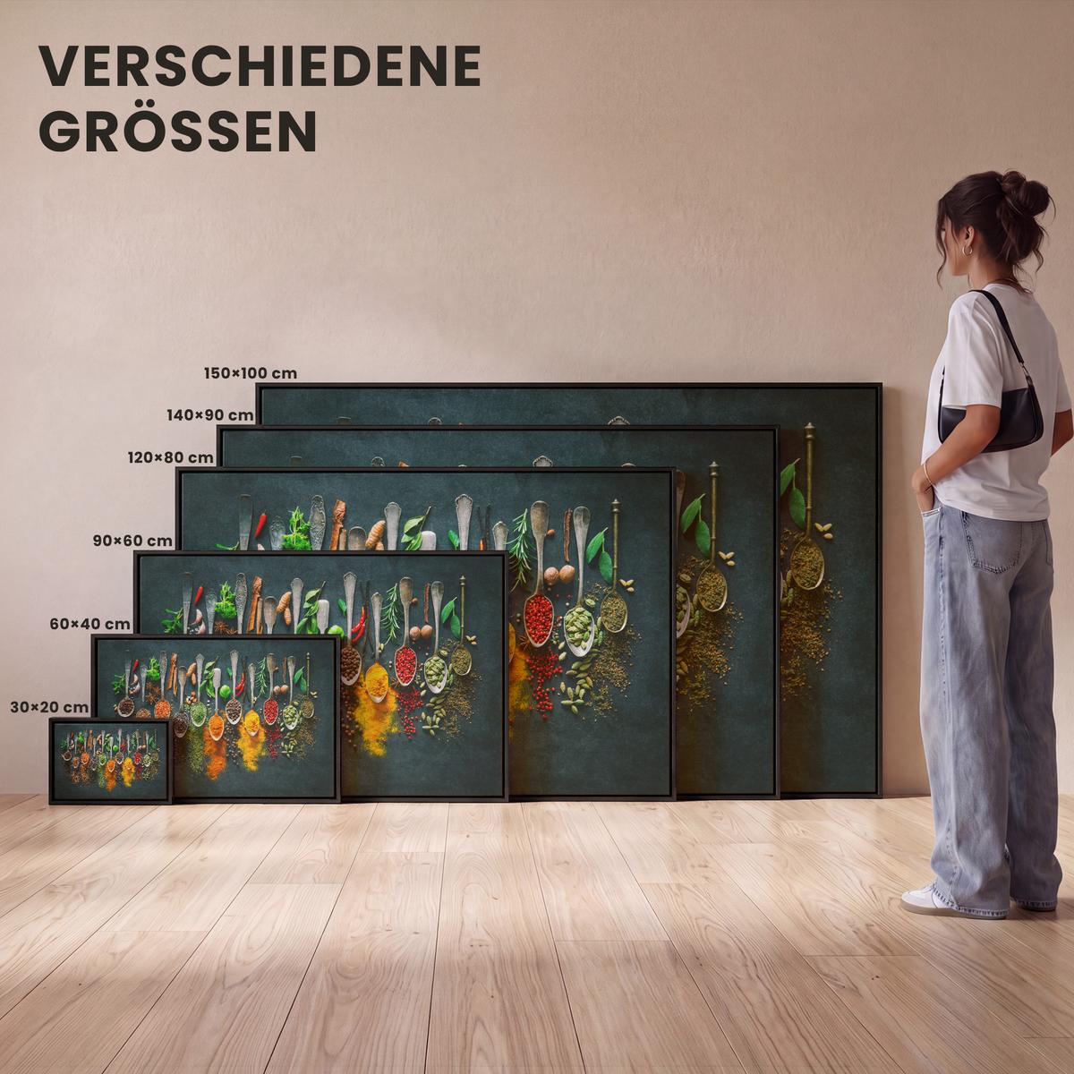 LEINWAND Bilder mit Rahmen - Kräuter - Gewürze - Löffel - 120x80 - Currygelb, Textil (120/80cm) - MuchoWow