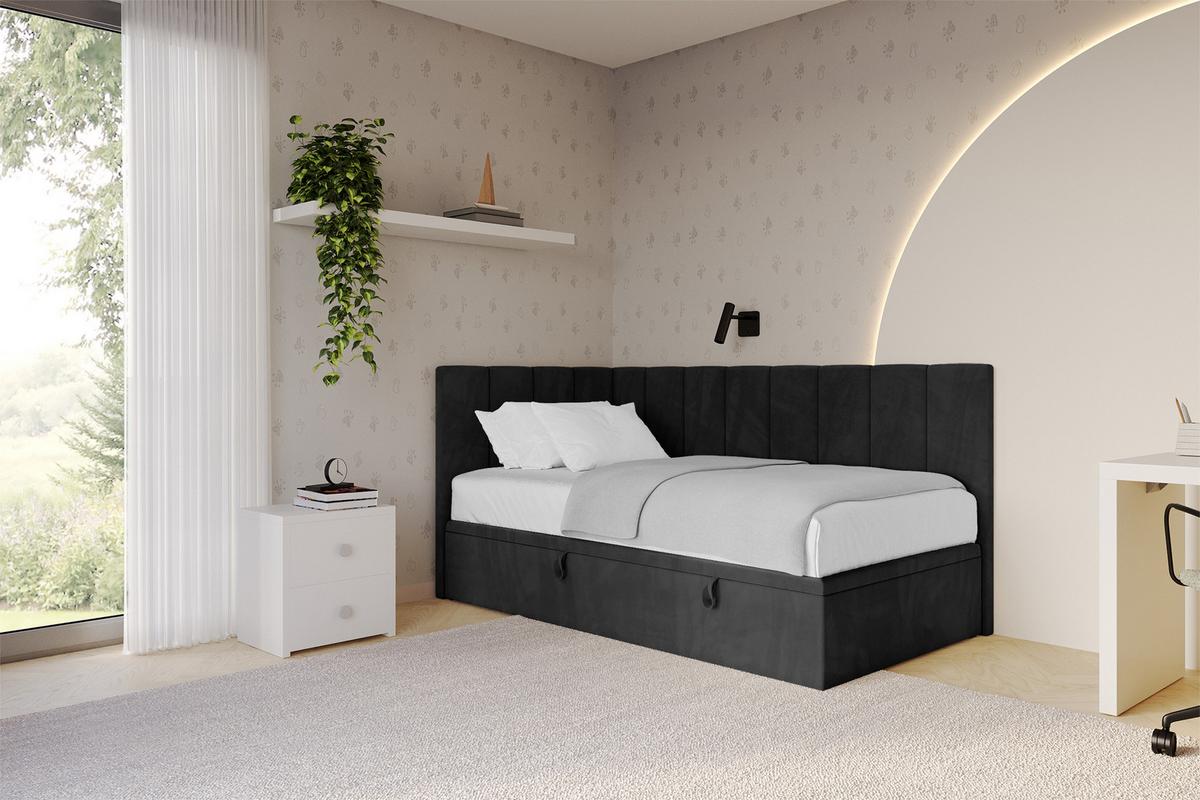 EINZELBETT Jugendbett mit Bettkasten Rechts, ohne Matratze - LOVY 80x200 Schwarz - Schwarz, Holzwerkstoff/Textil (80/200cm) - ALTDECOR