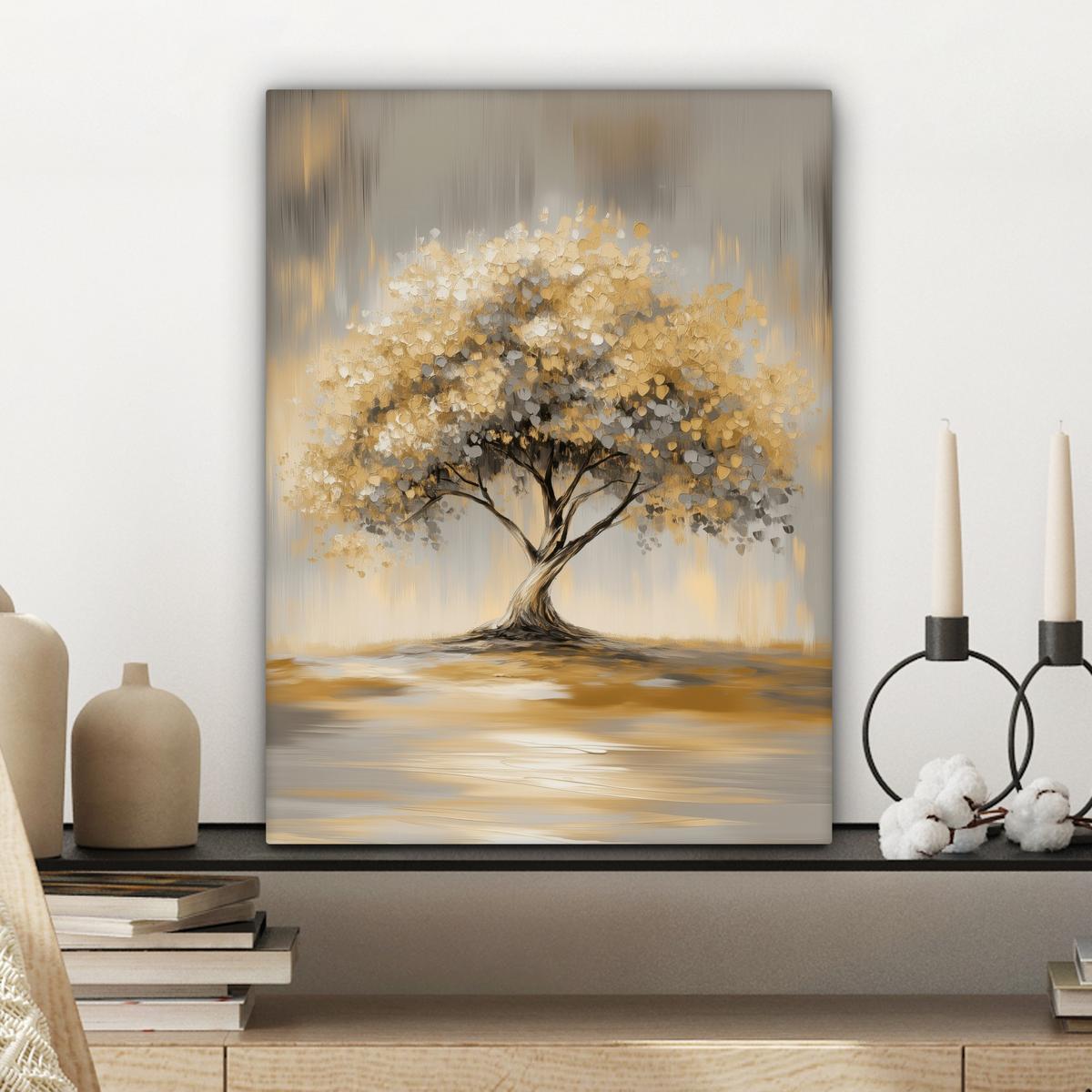 LEINWANDBILD Gemälde - Baum - Abstrakt - Blätter Room Decor 30x40 cm - Beige, Textil (30/40cm) - MuchoWow