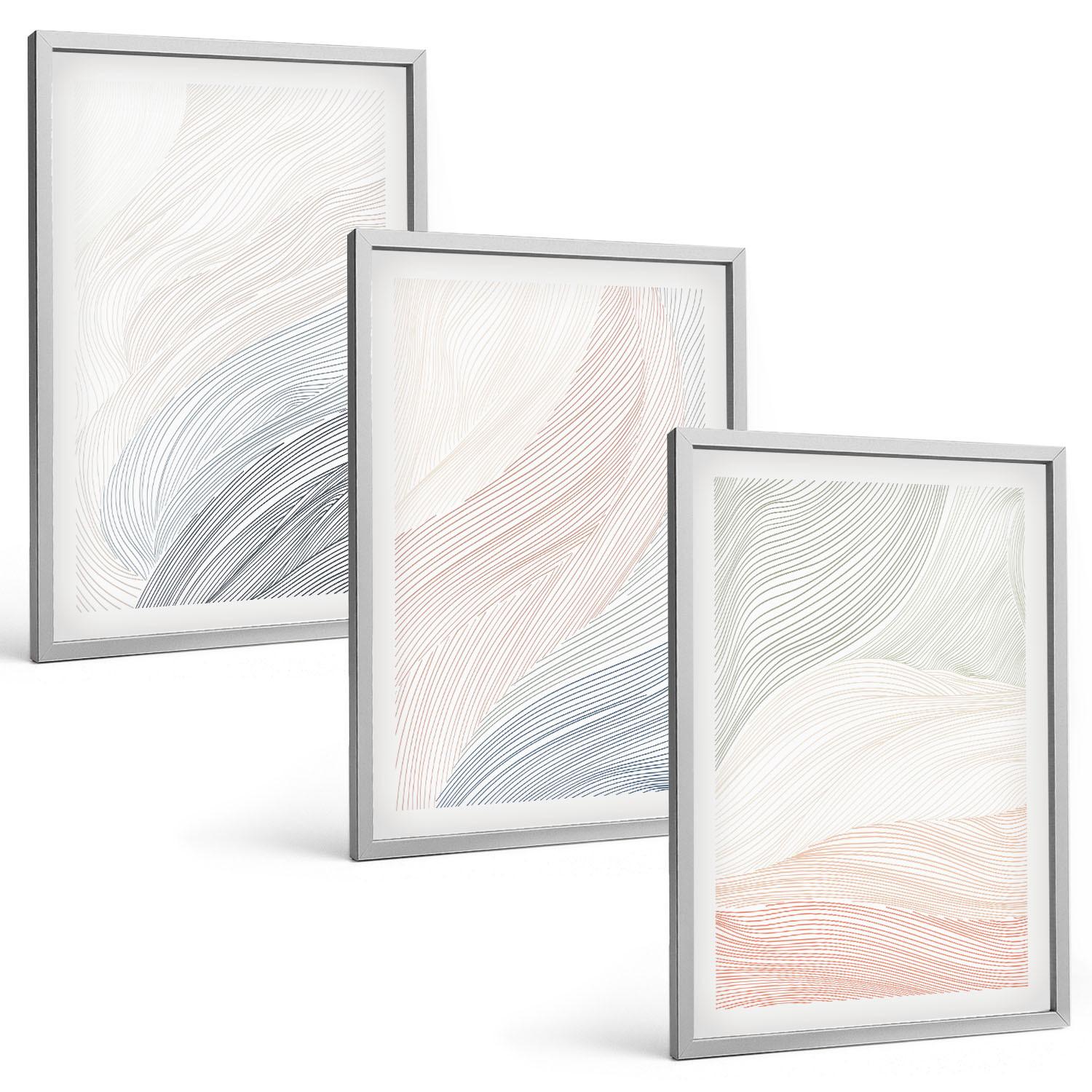 BILDER SET 3er Set - 40x60 cm Silberner Rahmen - Abstrakte Wellen, Karton, Pastell - Silberfarben, Kunststoff (40/60cm) - TULUP