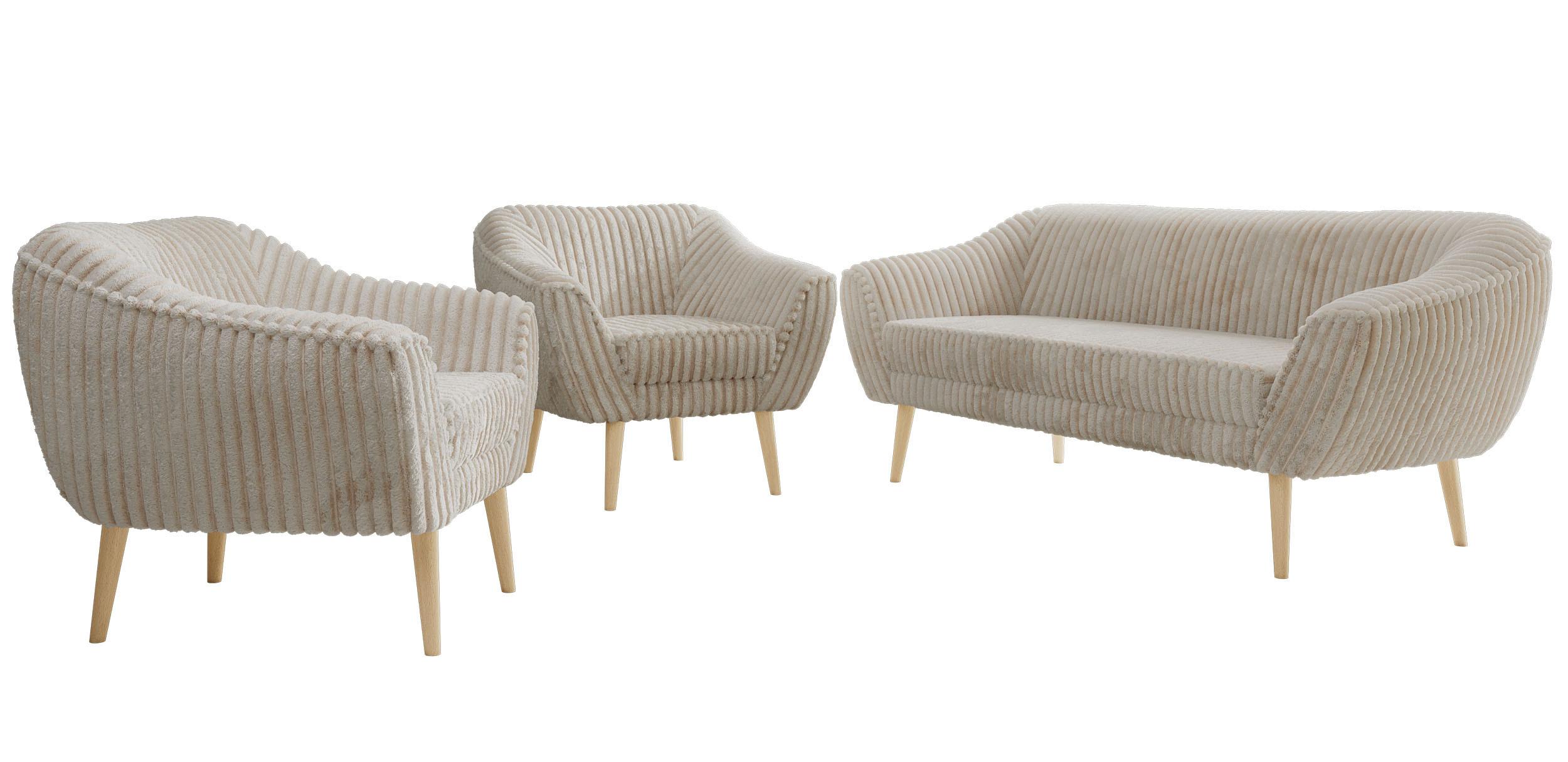 SITZGARNITUR PIRS 3+1+1 - Beige Cord - Holzbeine - Beige/Buchefarben, Holzwerkstoff/Textil (180/75/74cm) - MKS