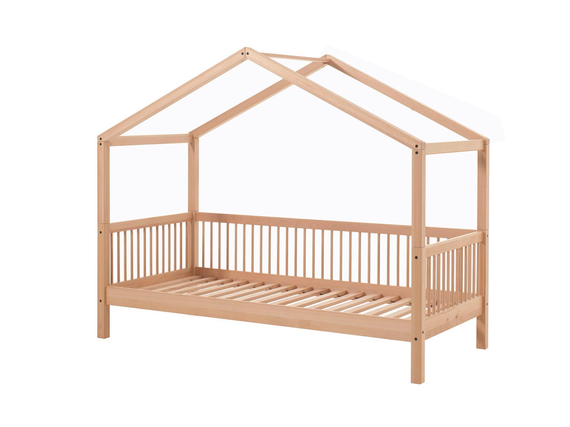 HAUSBETT Kelci 90x200 mit Umrandung und Dach Buche Massivholz natur - Buchefarben, Holz (90/200cm) - 58aufmkessel