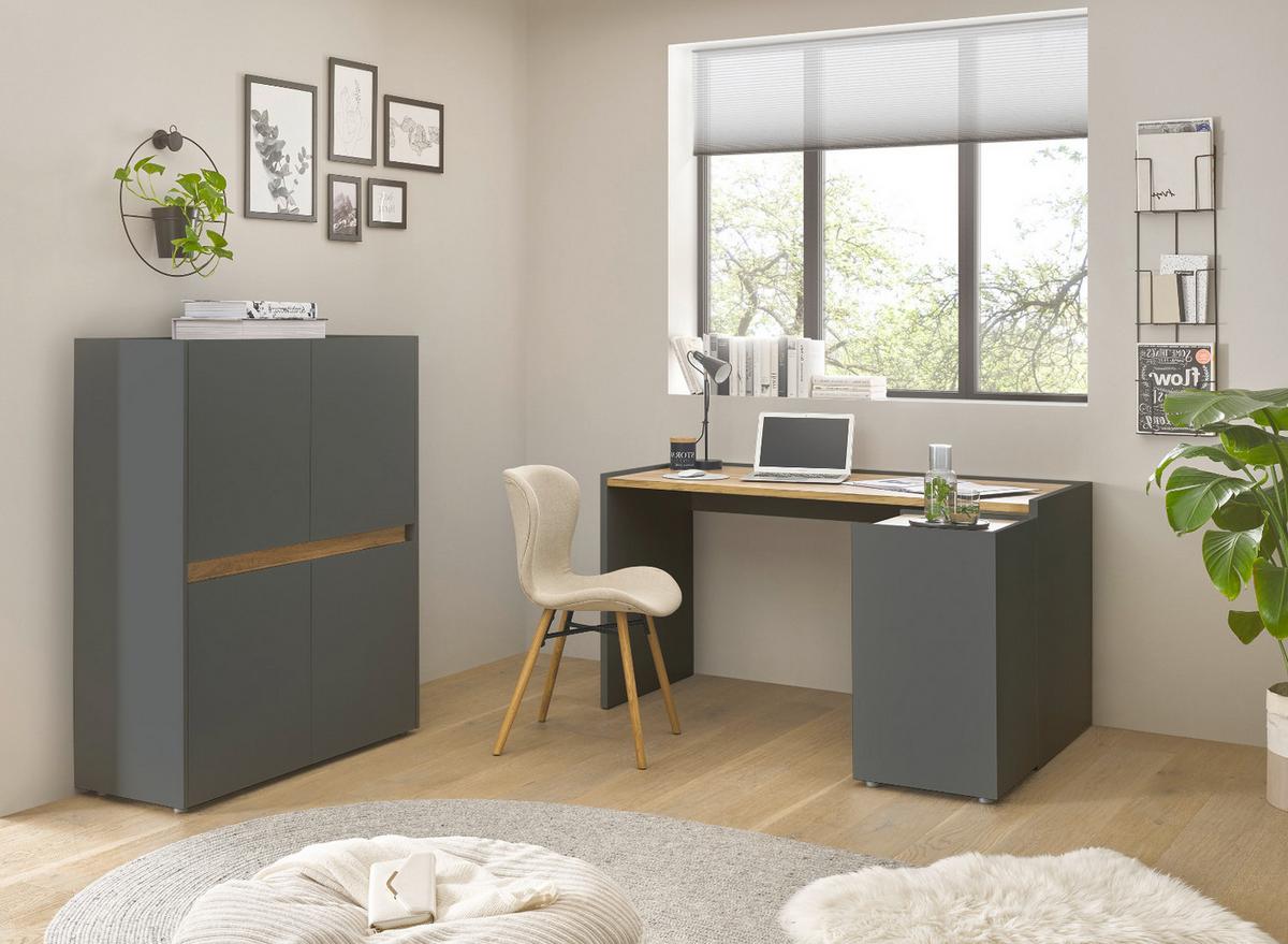 SCHREIBTISCHKOMBINATION 2-teilig grau matt, Eiche Wotan 143 cm, Büromöbel Set mit Bürocontainer - Eiche Wotan/Schwarz, Holzwerkstoff/Kunststoff (62/143/76cm) - Furn.Design