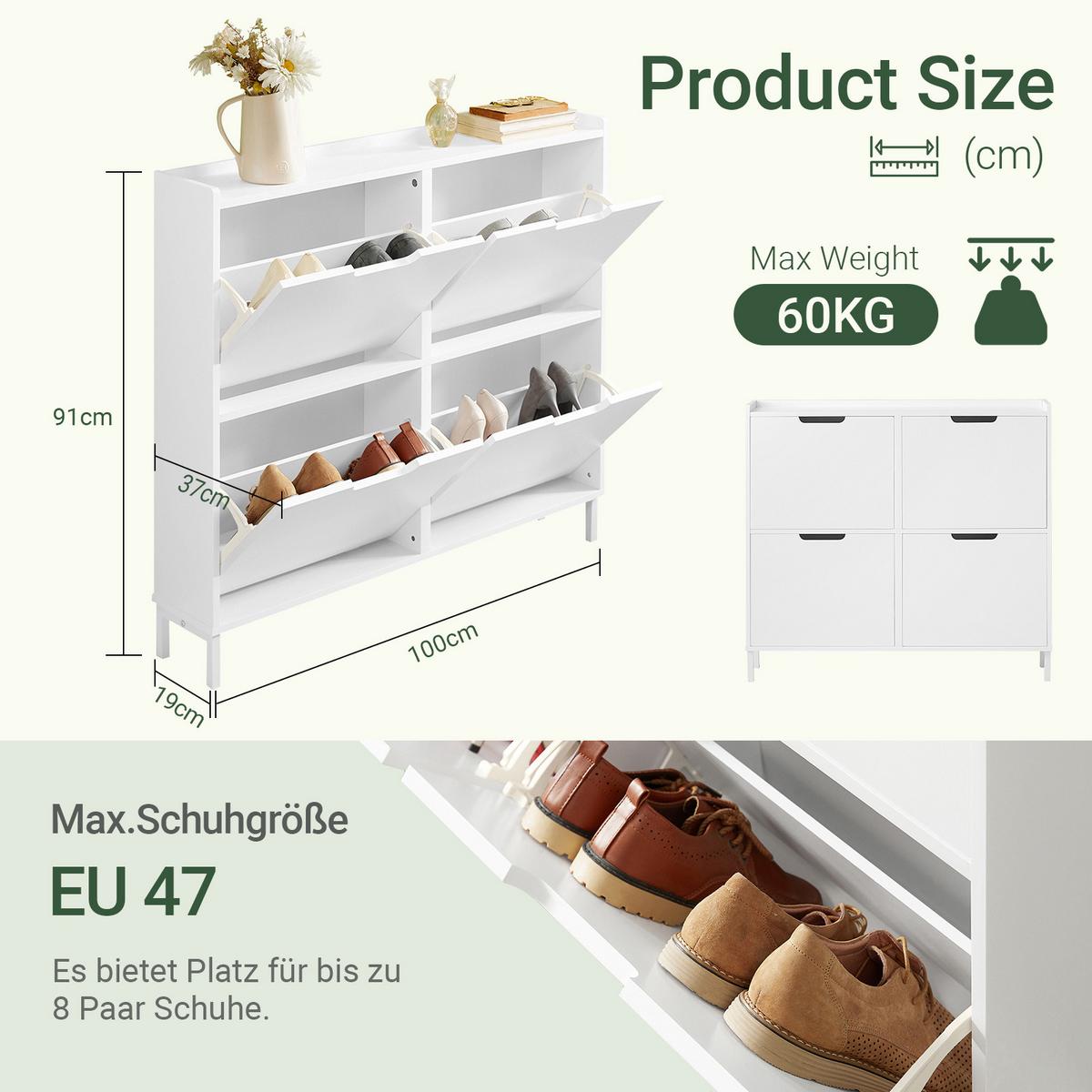SCHUHKIPPER mit 4 Klappen, schmaler Schuhschrank Weiß, 100x91x19 cm, nur 19 cm tief, skandinavisch, Flur & Diele, - Weiß, Holzwerkstoff/Metall (100/91/19cm) - SoBuy