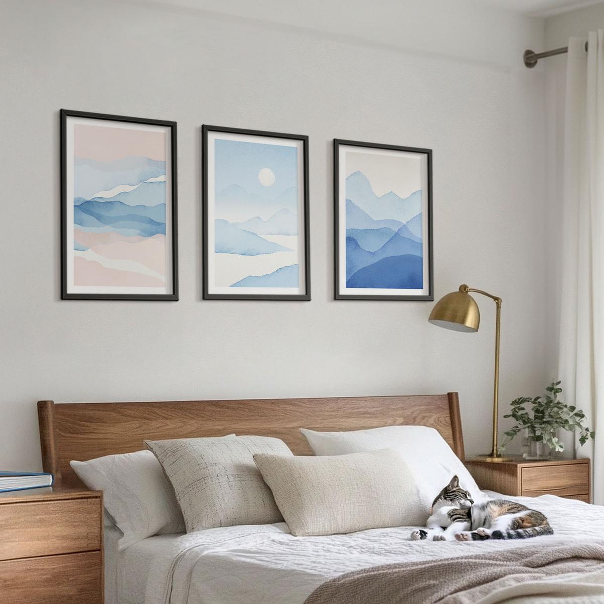 BILDER SET 3er Set - 40x60 cm Schwarzer Rahmen - Aquarell: Blau-rosa Berge - Schwarz, Kunststoff (40/60cm) - TULUP