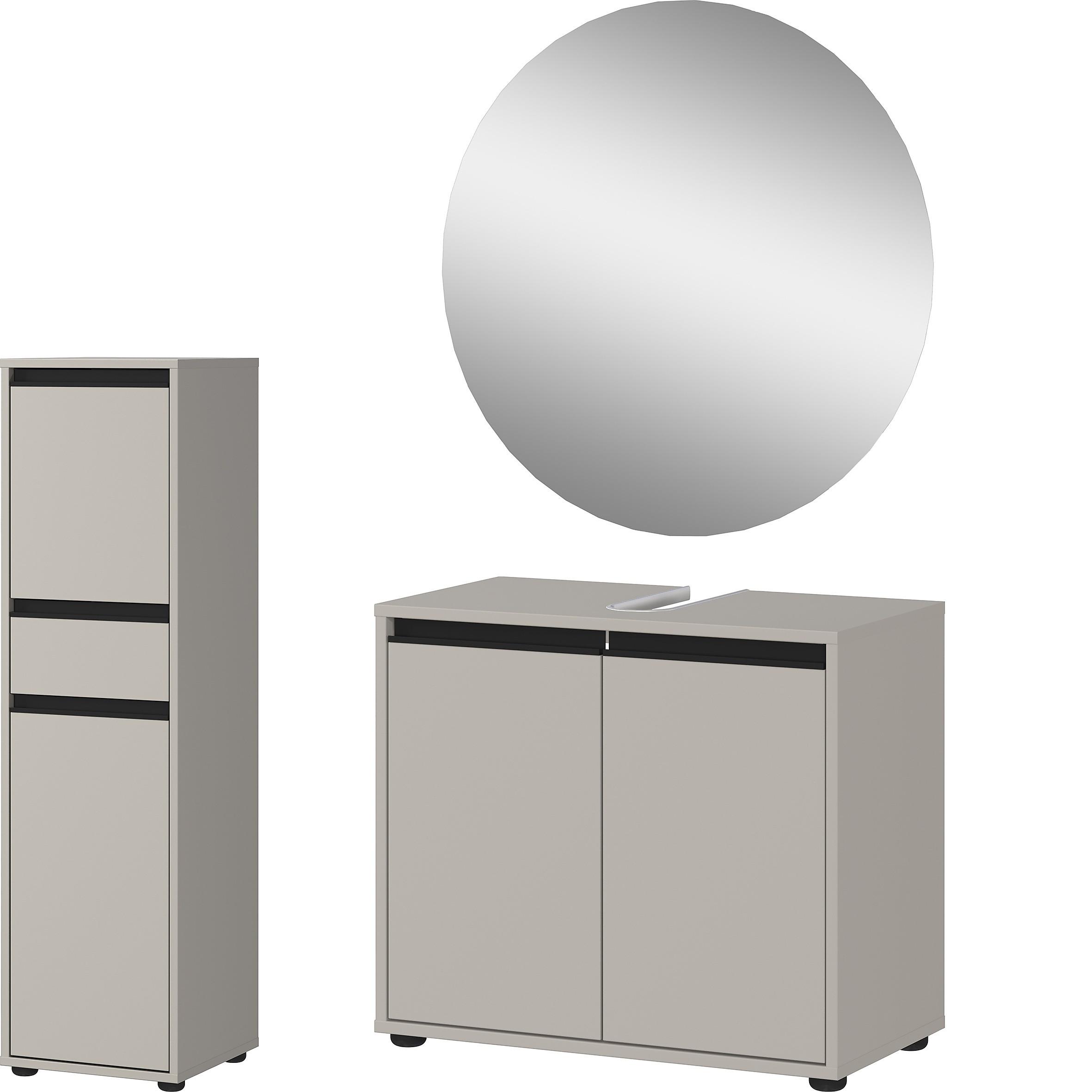 BADMÖBEL-SET HAMBURG 3-teilige | Unterschrank, Midischrank, Runder Spiegel | Soft-Close & Matt | Steingrau - Grau, Holzwerkstoff (108/200/34cm) - KADIMA DESIGN