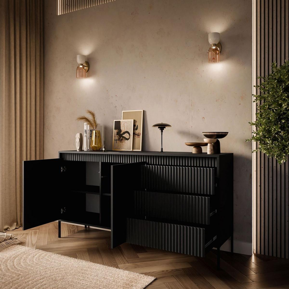 SIDEBOARDS YASUMI 153 2D3S mit Schubladen schwarz matt - Schwarz, Holzwerkstoff (153.5/81.4/39.4cm) - Lookway