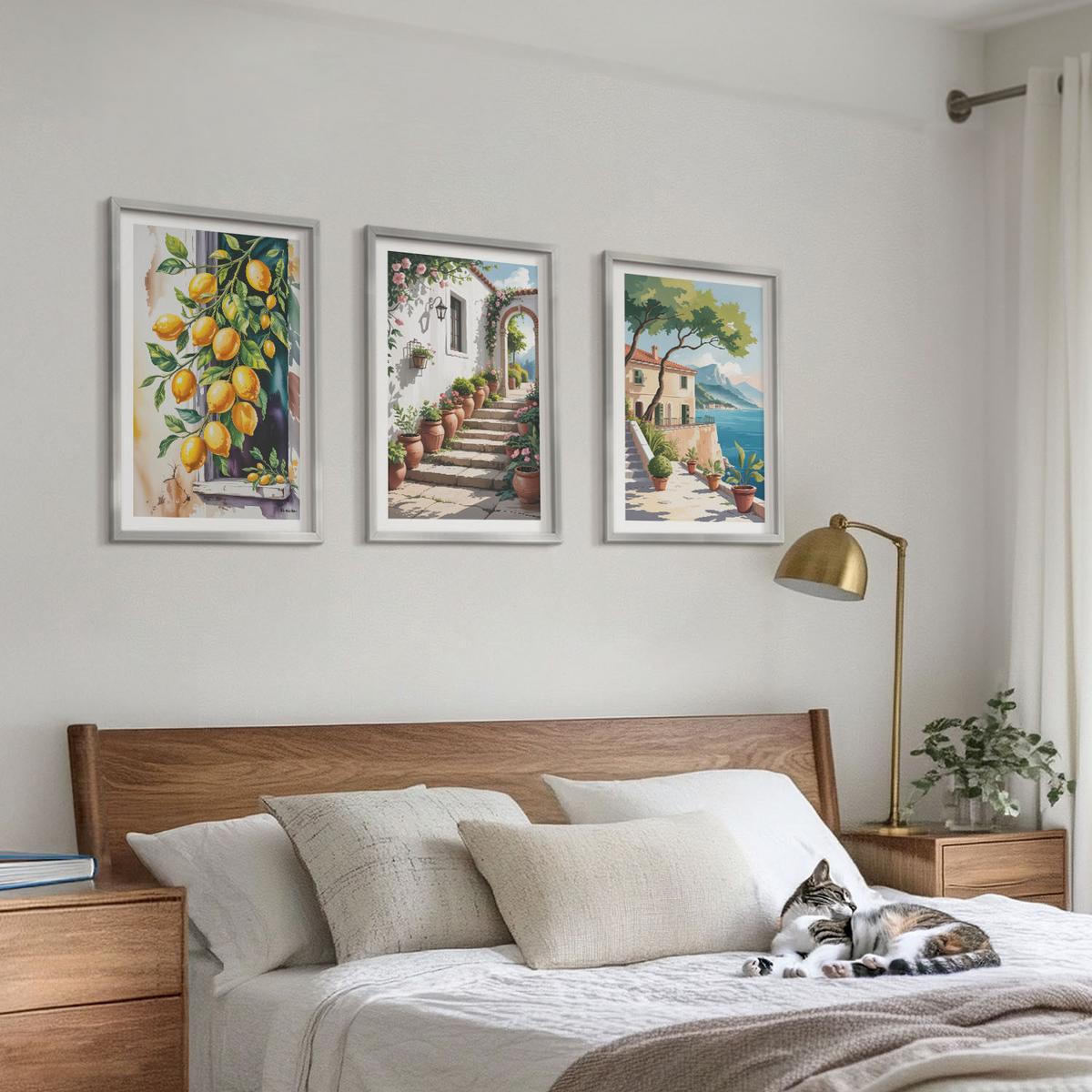 BILDER SET 3er Set - 40x60 cm Silberner Rahmen - Zitronen, Blumen, Meerblick - Silberfarben, Kunststoff (40/60cm) - TULUP