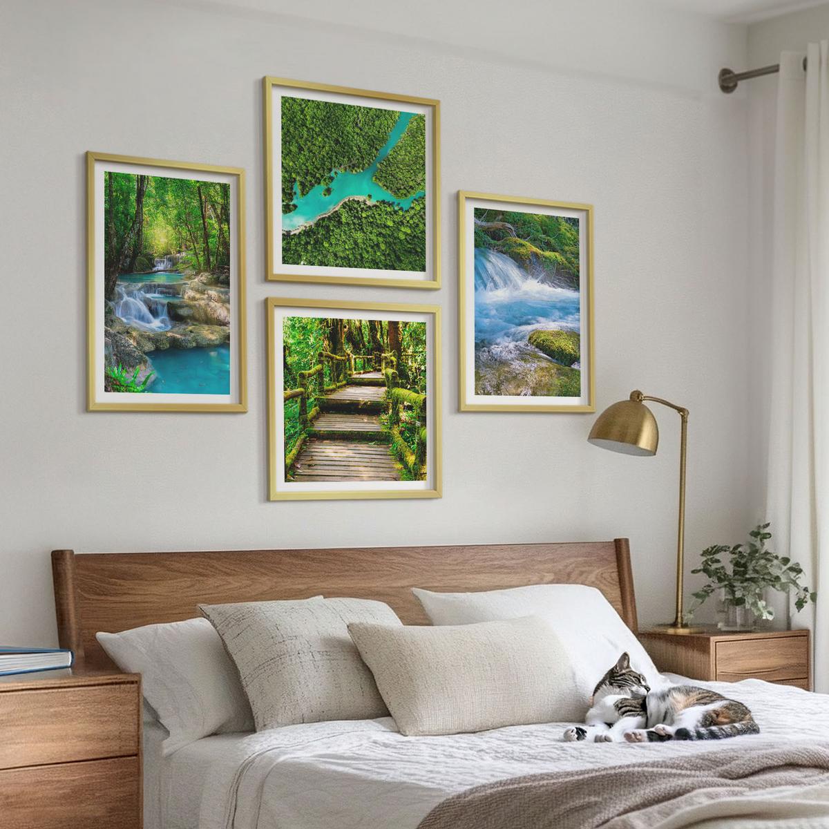 BILDER SET 4er Set - 50x50 cm & 40x60 cm Goldrahmen - Grüne Wälder, kristallklares Wasser - Goldfarben, Kunststoff (50/50cm) - TULUP
