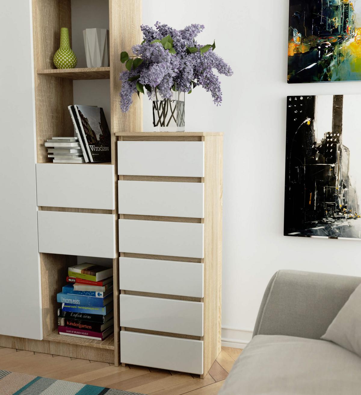 KOMMODE Eiche Sonoma, Weiß 109/40/35 - Weiß, Holzwerkstoff (40/109/35cm) - RAUMHIRSCH FURNITURE