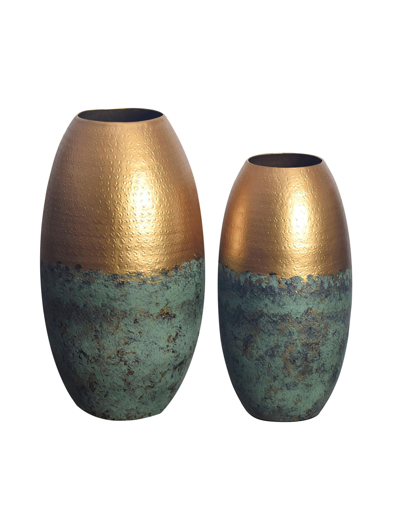 VASEN 2er-Set ENZ, Aluminium, handgefertigt, Grün-Gold, Ø 25 x 47 cm - Grün, Metall (47cm) - KADIMA DESIGN