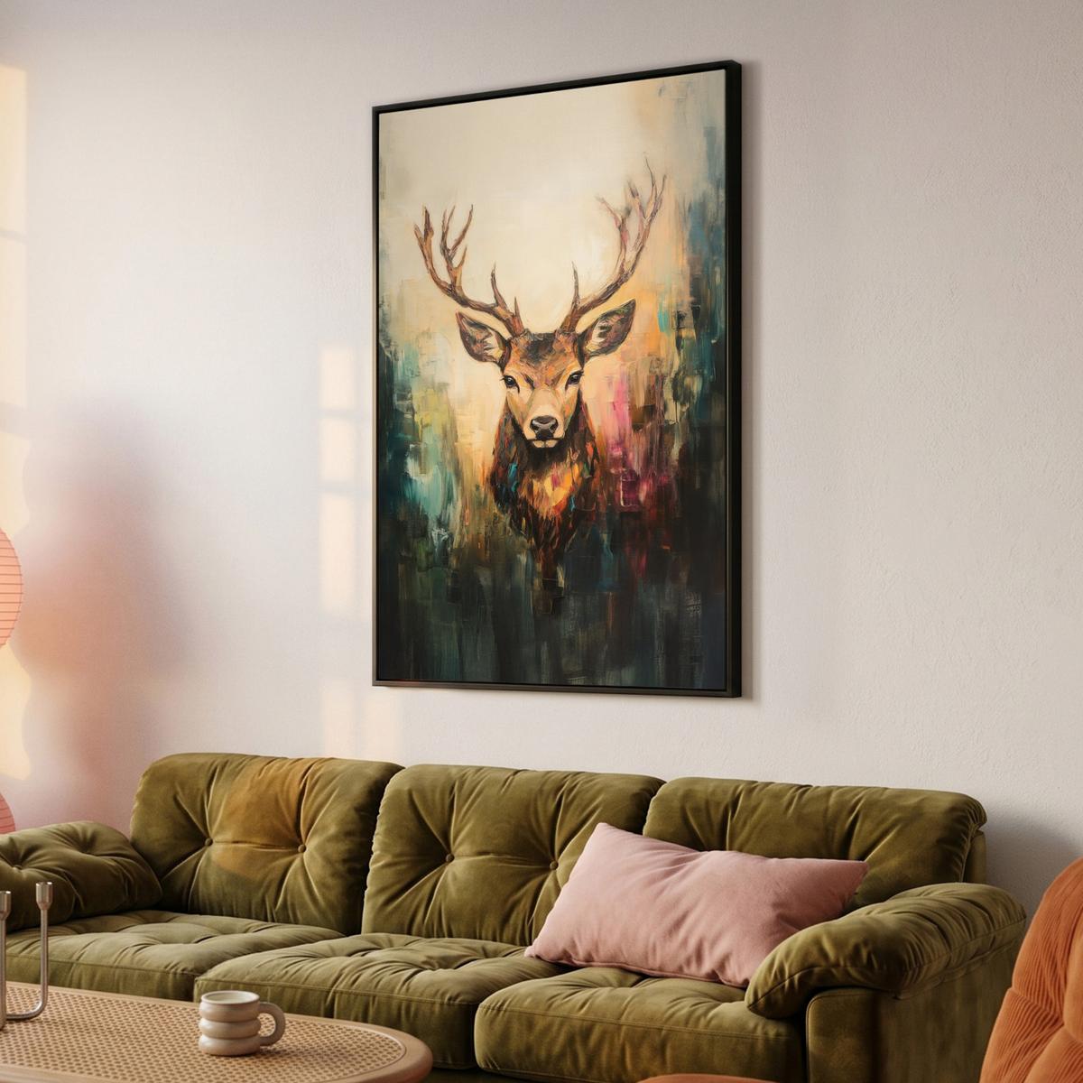 LEINWAND Bilder mit Rahmen - Hirsch - Gemalt - Geweih - Braun - 80x120 - Haselnussfarben, Textil (80/120cm) - MuchoWow