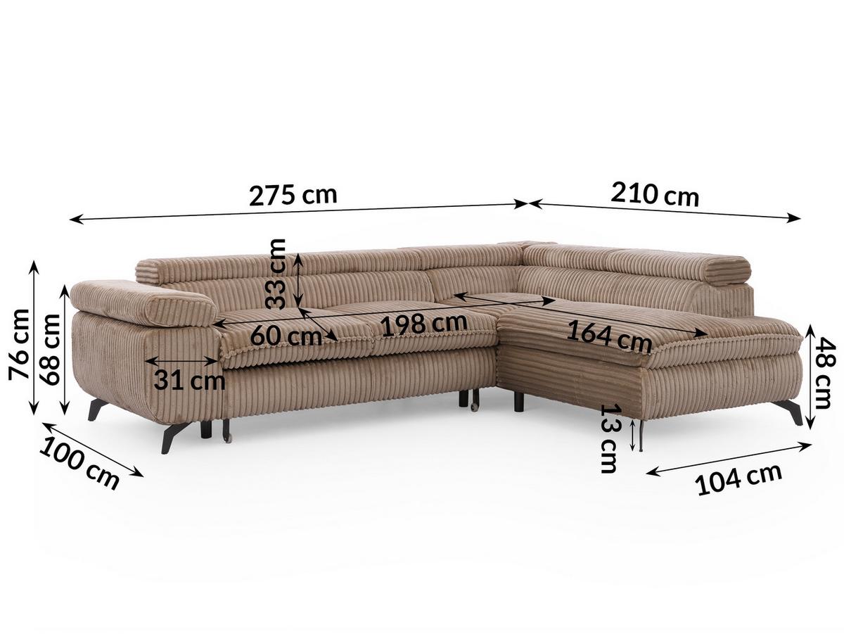 ECKSOFA mit Schlaffunktion und Bettkasten Bonnie aus Beige Cord-Stoff mit verstellbaren Kopfstützen und Armlehne - Ottomane rechts - Beige/Schwarz, Holz/Textil (275/210cm) - S-Style Möbel