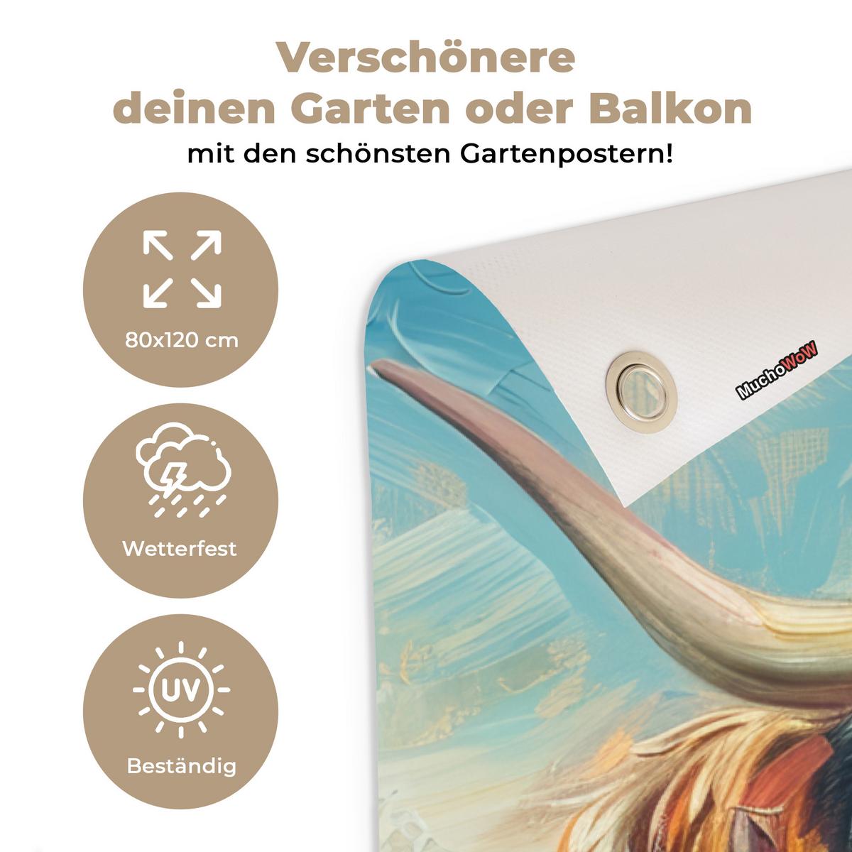 GARTENPOSTER Schottische Hochländer - Natur - Farbenfroh - Blumen Outdoor Bilder 80x120 cm - Hellblau, Kunststoff (80/120/0.2cm) - OnlyWow