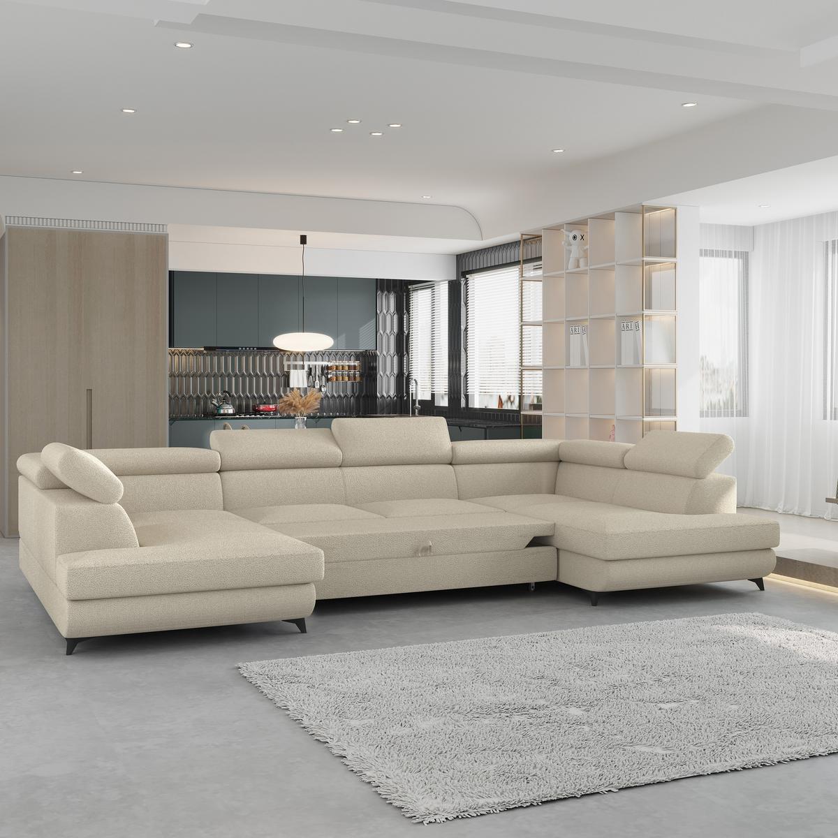 WOHNLANDSCHAFT VINTESSA Creme Boucle-Stoff mit Schlaffunktion - Creme, Holz (323/89/190cm) - MASSENO