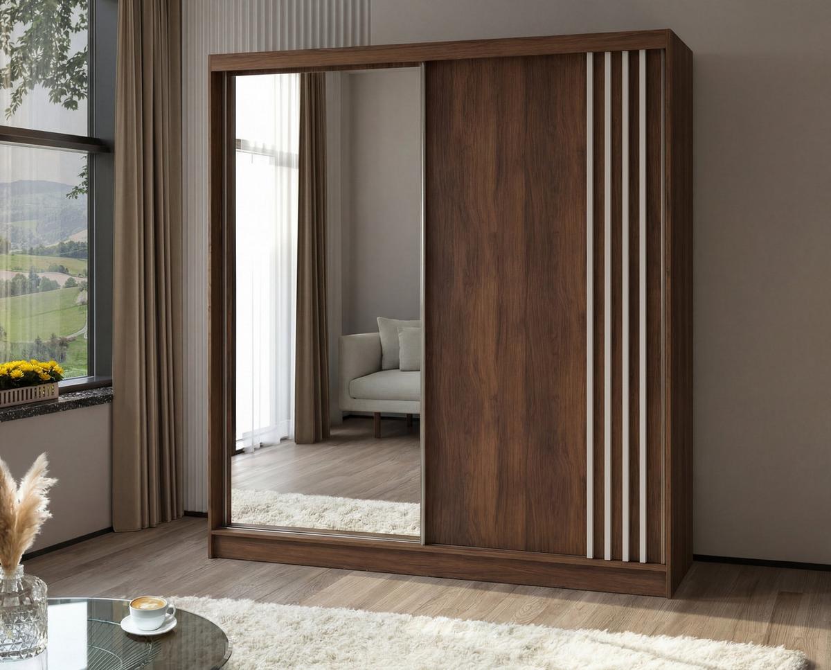 SCHWEBETÜRENSCHRANK NELVIA 200/216/61 cm Modern Kleiderschrank 2-türig mit Spiegel Nussbaumfarben - Nussbaumfarben, Holzwerkstoff (200/216/61cm) - MASSENO