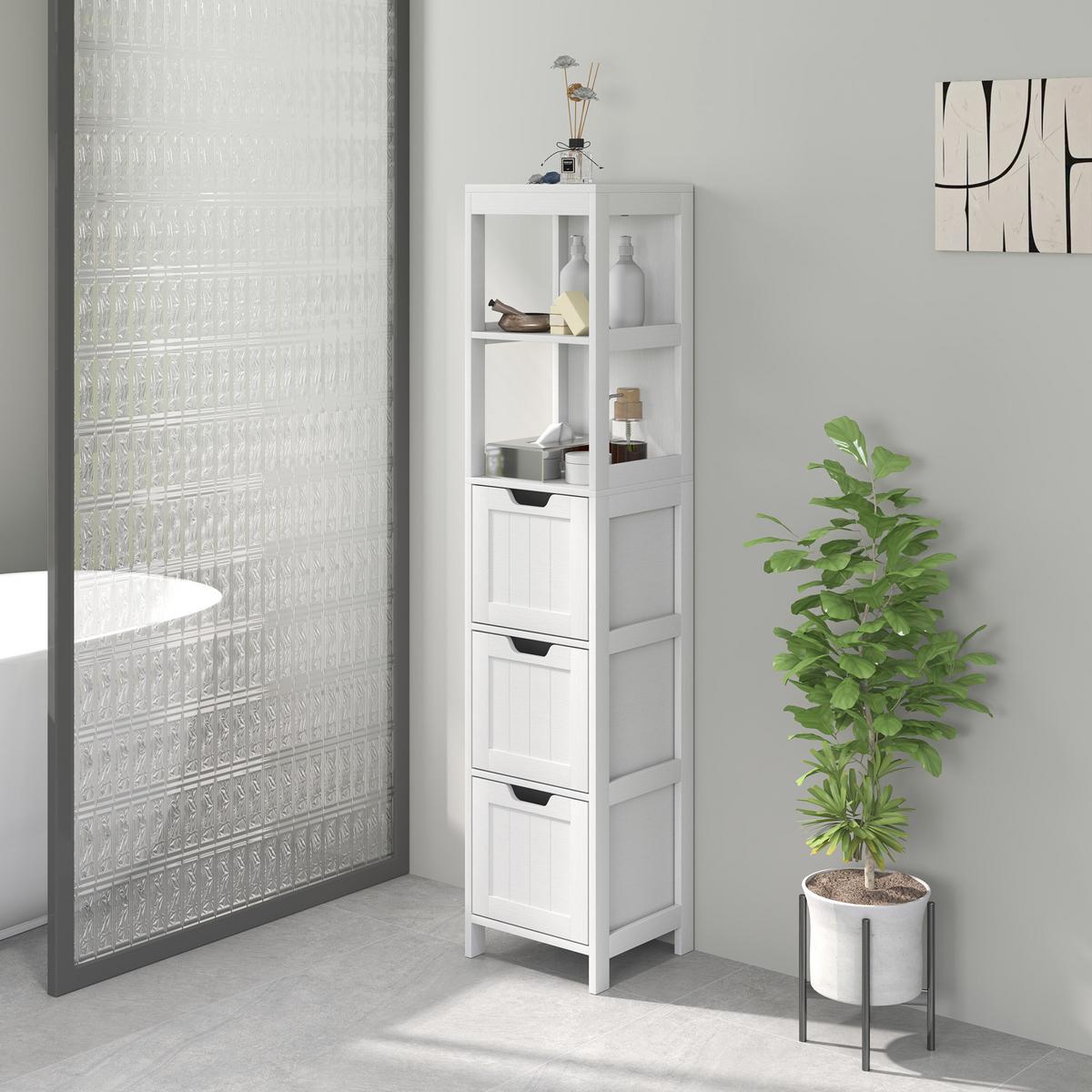 BADEZIMMERSCHRANK Badschrank Bad Hochschrank mit 3 Schubladen, 2 offenen Fächern - Weiß, Holz (30/142.4/30cm) - HOMCOM
