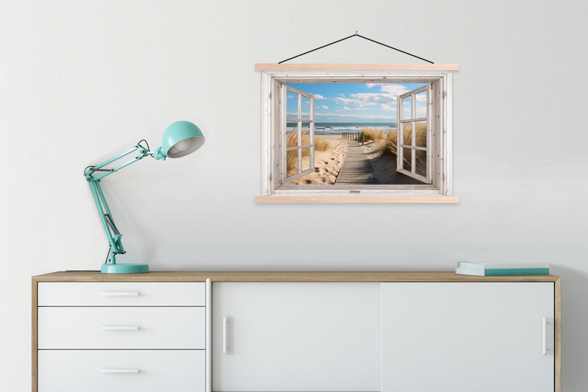 POSTER MIT MAGNETLEISTEN Fenster - Meer - Küste - Natur - Ausblick - Strand - Wattenmeer Wanddeko 90x60 cm - Beige, Textil (90/60/0.15cm) - MuchoWow