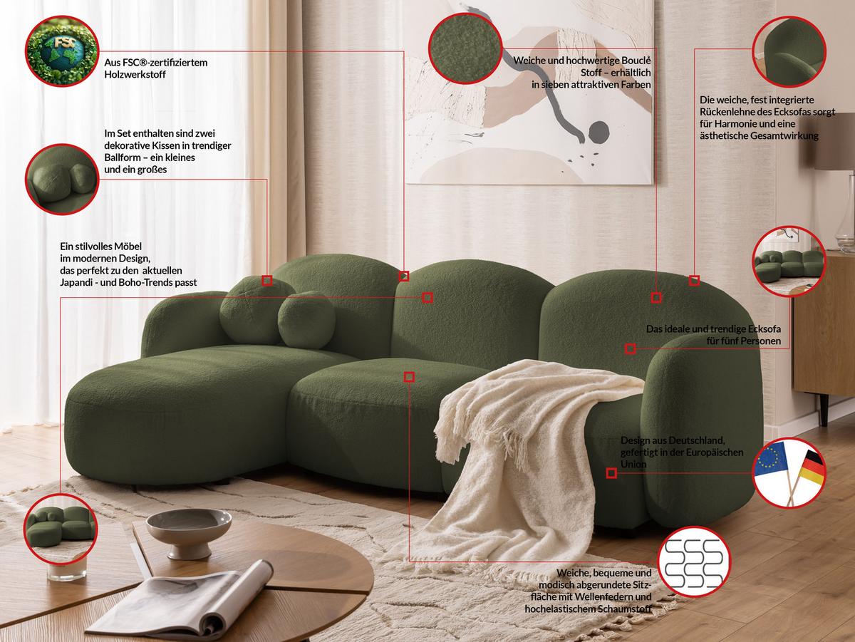 ECKSOFA Nuvola mit abgerundetem Design Grün Bouclé-Stoff - Ottomane Links - Schwarz/Grün, Holz/Kunststoff (268/146cm) - S-Style Möbel